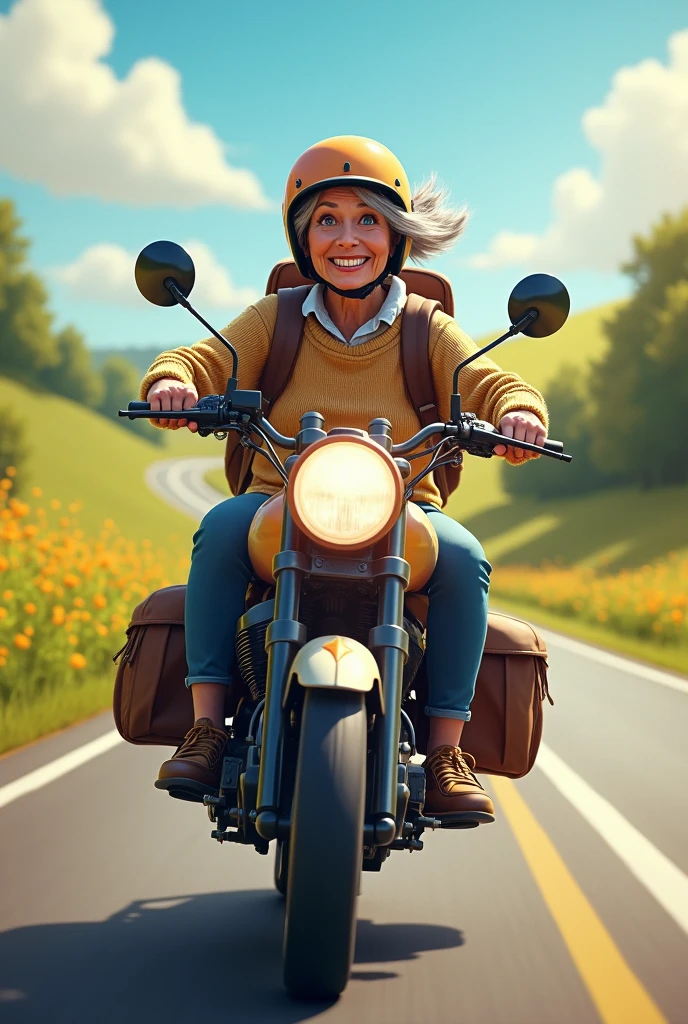 A grandma on a motorcycle with a backpack on her back and bags in her hands