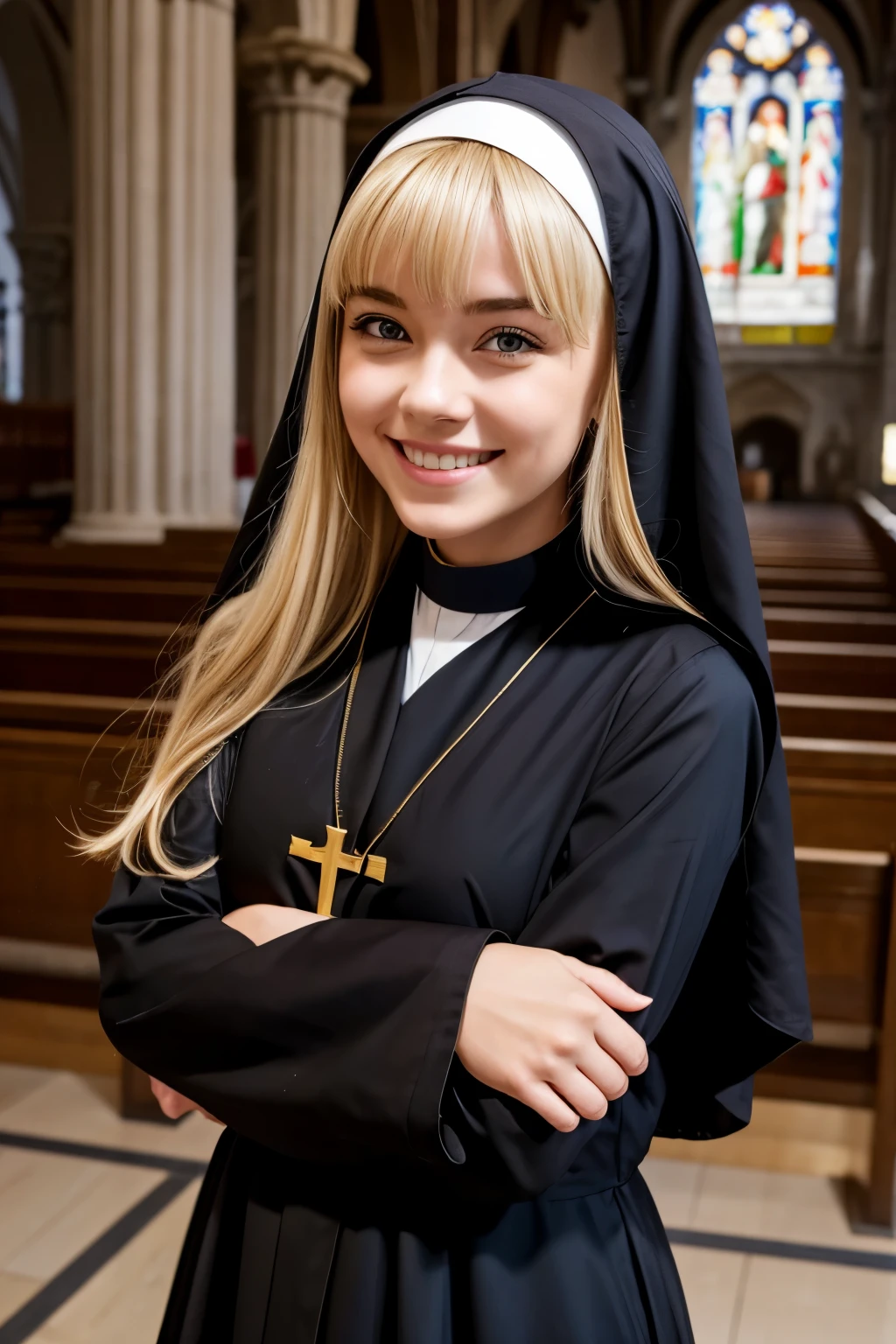 Cute French girl、Blonde Hair、With bangs、Smiling with teeth showing、Slim body、Monastic uniform、Nuns、Standing in the church