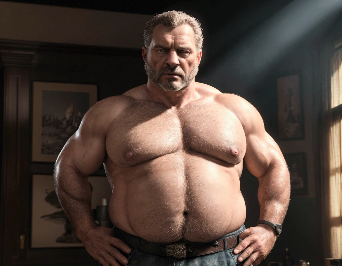a muscular chubby older man, mature daddy, hairy chest, fat belly, waist belt, big cock, hard little nipple, disgusting boner, full view, (best quality,4k,8k,highres,masterpiece:1.2),ultra-detailed,(realistic,photorealistic,photo-realistic:1.37),detailed face,intricate details,cinematic lighting,dramatic lighting,cinematic angle,cinematic pose,dark shadows,dramatic shadows