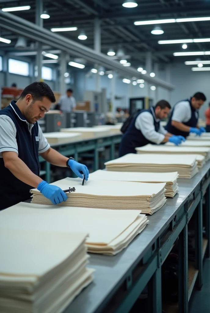 The scene shows a section of a modern factory where felt selection and preparation takes place.. There are several long tables with pieces of felt stacked neatly.. Workers in uniforms and gloves are checking and selecting the felt, using more precise and digital tools. In the background, you can see industrial machines, storage shelves and a well-lit environment, Clean and organized, typical of a production line.