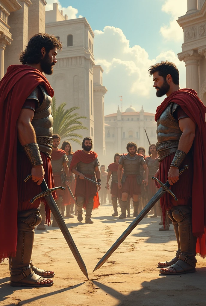 Romulus draws a line on the ground with his sword, Delimiting the future of the city. Remo looks at him defiantly.