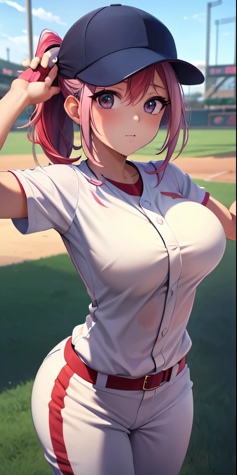 Beautiful girl ,busty girl, medium ,hy1, hair ornament, multicolored hair, baseball player, baseball player costume,(pov,closed shot:1.2),8k, detailed face,cute face
