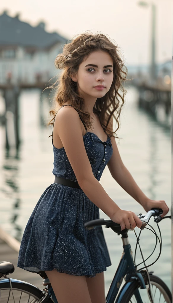 Surrealism:1.5,  Bokeh, young woman aesthetic, bicycle riding, pier, High-quality DSLR snapshots, High-definition film grain photo taken at f/16, ISO 100, With 200mm lens, Global Illumination, Fibonacci