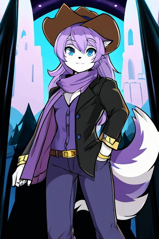 Loba Gris, with cowboy hat, blue eyes, purple scarf, Lilac shirt, black jacket, black pants