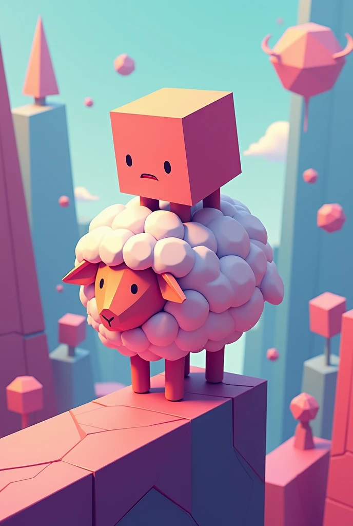 Generate me a picture of a geometry dash cube on a geometry dash sheep