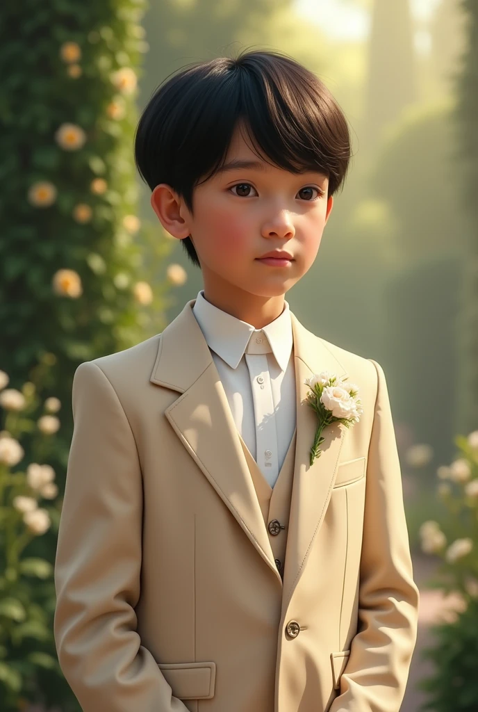 Cinnamon skinned boy, straight black hair with beige first communion suit 