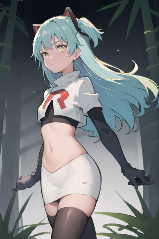 best quality, (masterpiece:1.2), illustration, absurdres,
(1girl, solo), (beautiful detailed girl),
Tio Plato, yellow eyes, aqua hair, long hair, two side up, small breasts,
fake animal ears,
team rocket,team rocket uniform,white skirt,red letter R,crop top,black thigh-highs,black elbow gloves,
looking at viewer,
in bamboo forest, stream,,
cowboy shot,