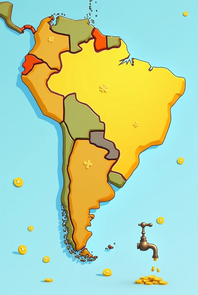 create a cartoon-like drawing of the map of brazil, with a tap at the bottom of the map where money comes out