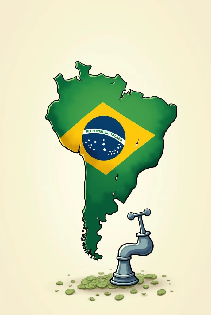 create a cartoon-like drawing of the map of brazil, with a tap at the bottom of the map where money comes out
