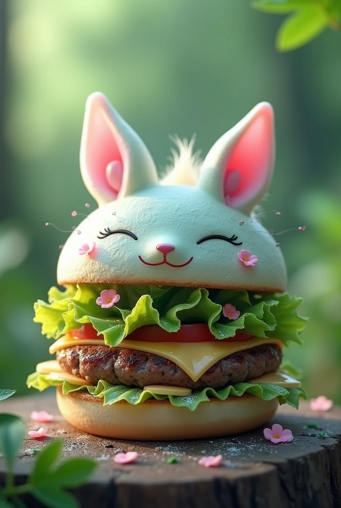 A realistic burger with kitsune fox theme! Pastel colors green and lilac