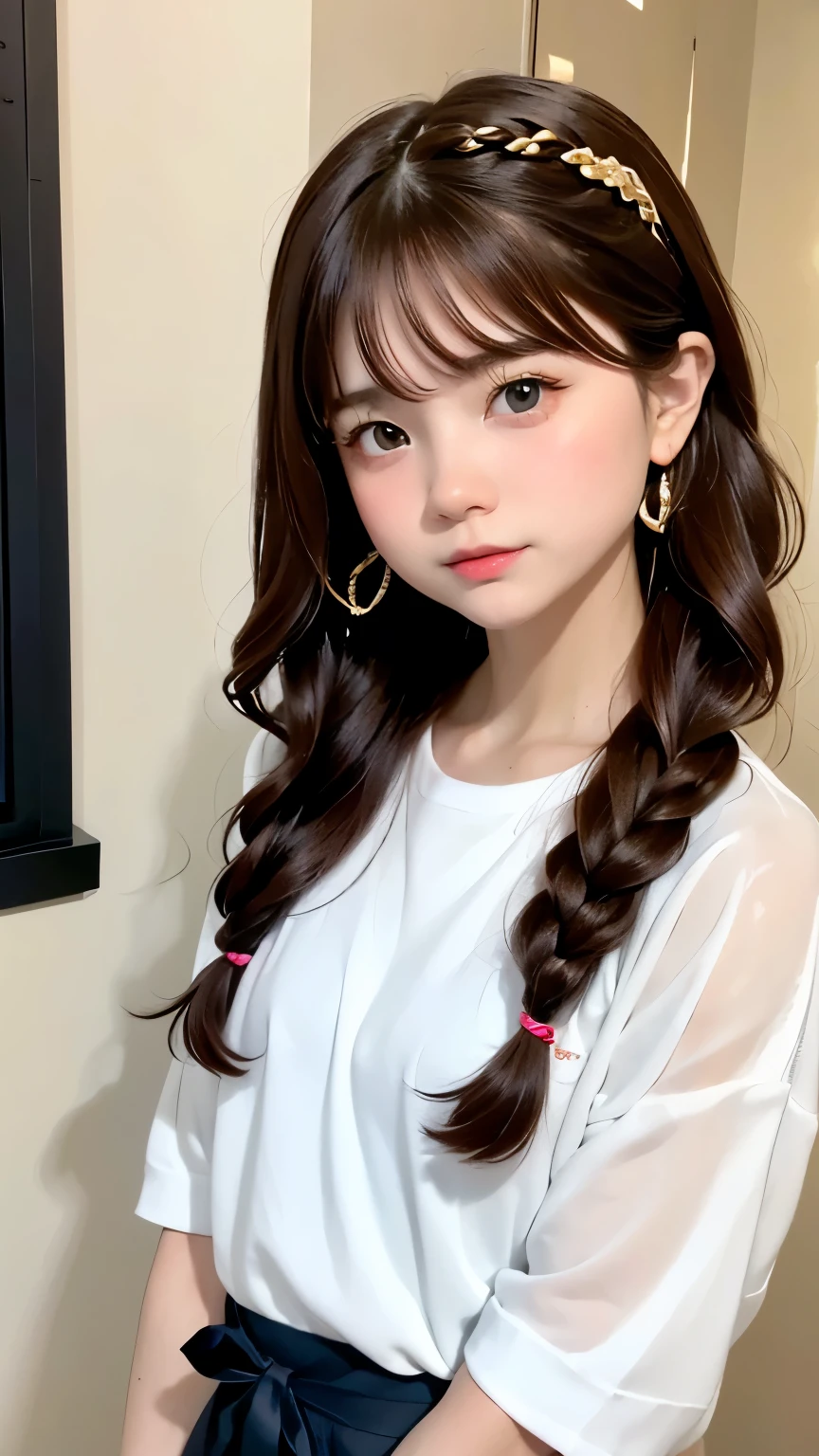 Highest quality、masterpiece、Portrait、Angle above the knee、Cute Japanese Girl, Baby Face、(Brown Hair), ((French Braid)), Perfect Face, An innocent smile, Upper Body,(Grey Eyes), (small), (thin)、((small胸)), ((Only 16))、 Skin Dentition, Extremely detailed, Attractive oval face, Red lips, Red cheeks, Glowing Skin, Fine hair, Face Focus, Gorgeous hair ornament, Gold earrings, ((1 girl)), Embarrassed expression,