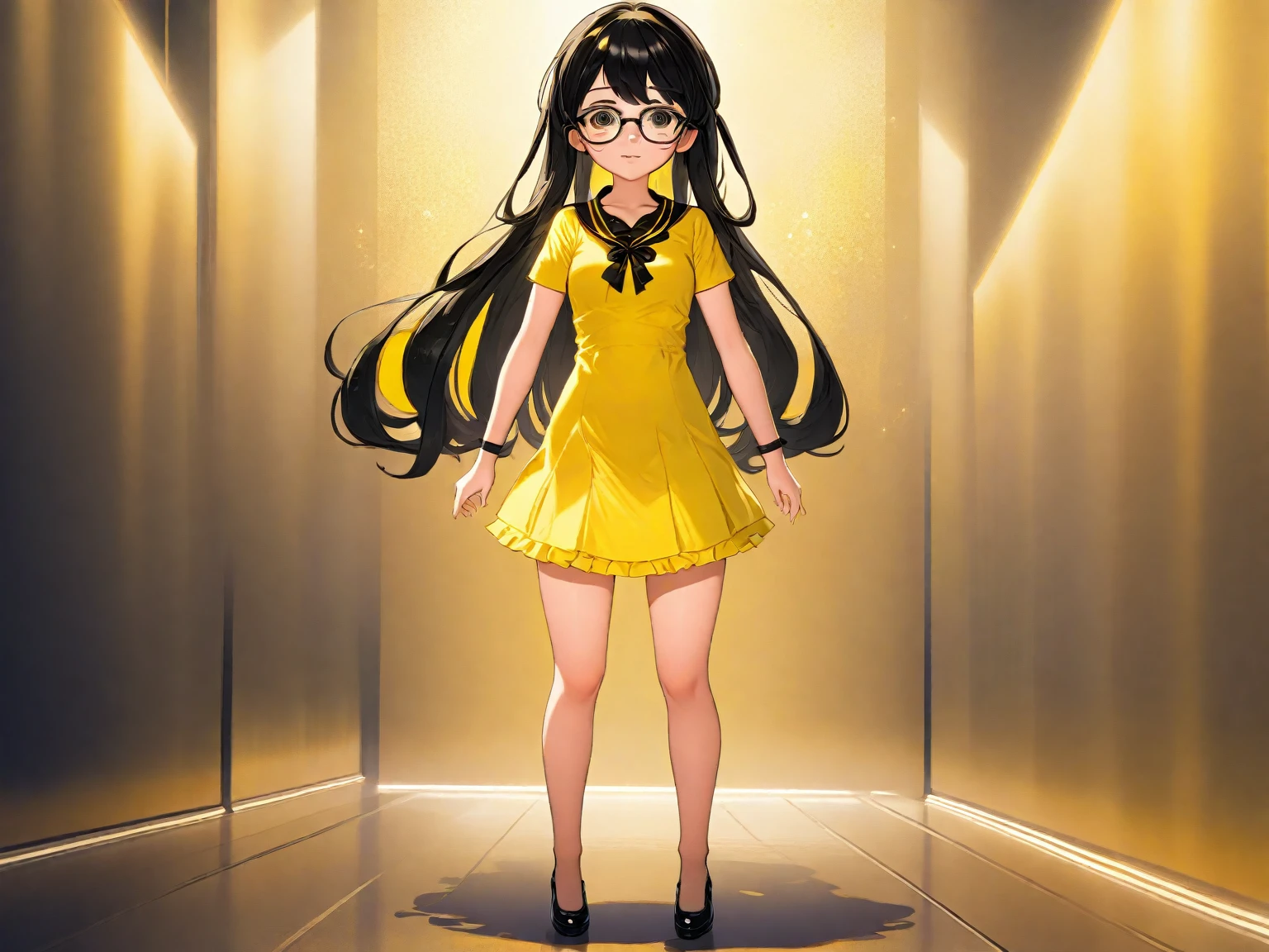 anime girl in a yellow dress with black hair and glasses, cute anime waifu in a nice dress,  in dress, female anime character, ecchi anime style, anime style character, anime moe artstyle, anime vtuber full body model, young anime girl, anime girl wearing a black dress, anime full body illustration