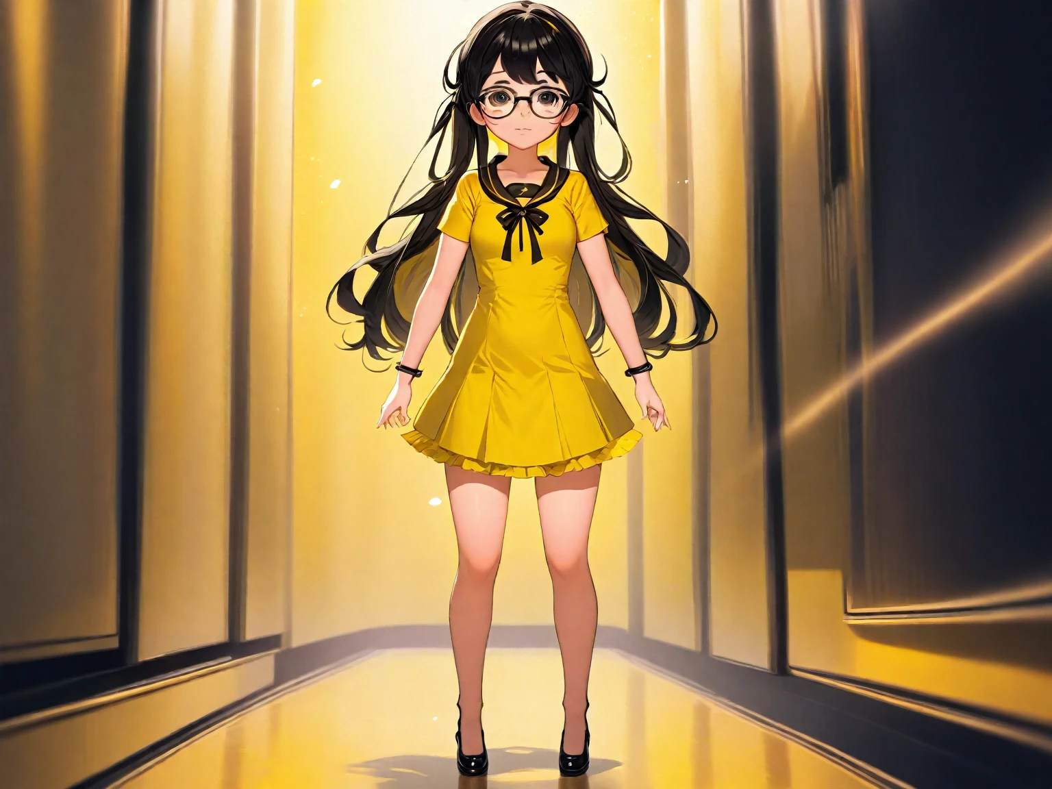 anime girl in a yellow dress with black hair and glasses, cute anime waifu in a nice dress, loli in dress, female anime character, ecchi anime style, anime style character, anime moe artstyle, anime vtuber full body model, young anime girl, anime girl wearing a black dress, anime full body illustration