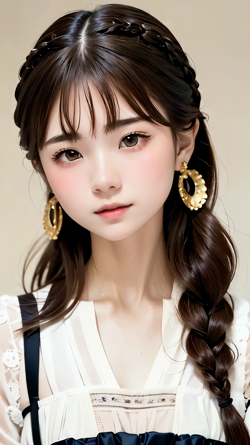 Highest quality、masterpiece、Portrait、Angle above the knee、Cute Japanese Girl, Baby Face、(Brown Hair), ((French Braid)), Perfect Face, An innocent smile, Upper Body,(Grey Eyes), (small), (thin)、((small胸)), ((Only 16))、 Skin Dentition, Extremely detailed, Attractive oval face, Red lips, Red cheeks, Glowing Skin, Fine hair, Face Focus, Gorgeous hair ornament, Gold earrings, ((1 girl)), Embarrassed expression,