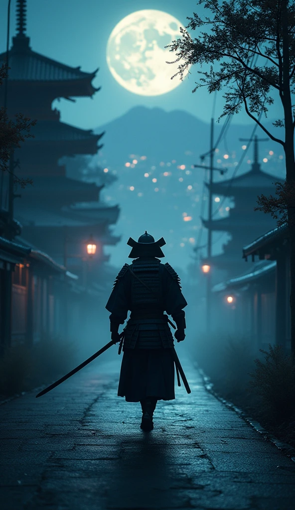 A samurai walking on a road at night to a Japanese city encounters another mysterious human