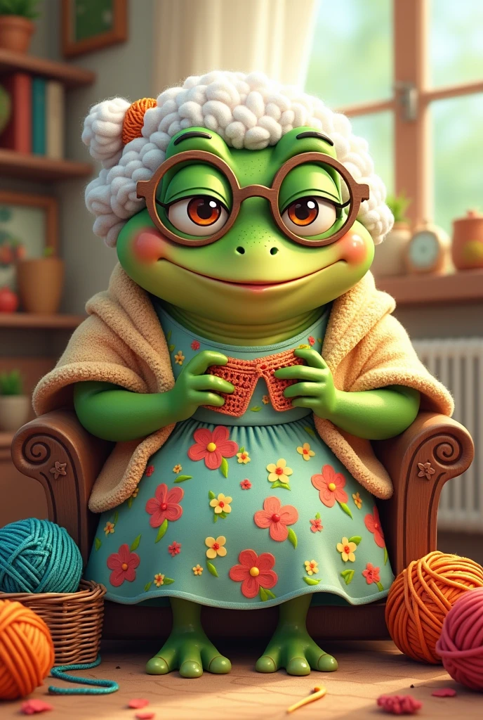 a full body frog cartoon grandma crocheting l