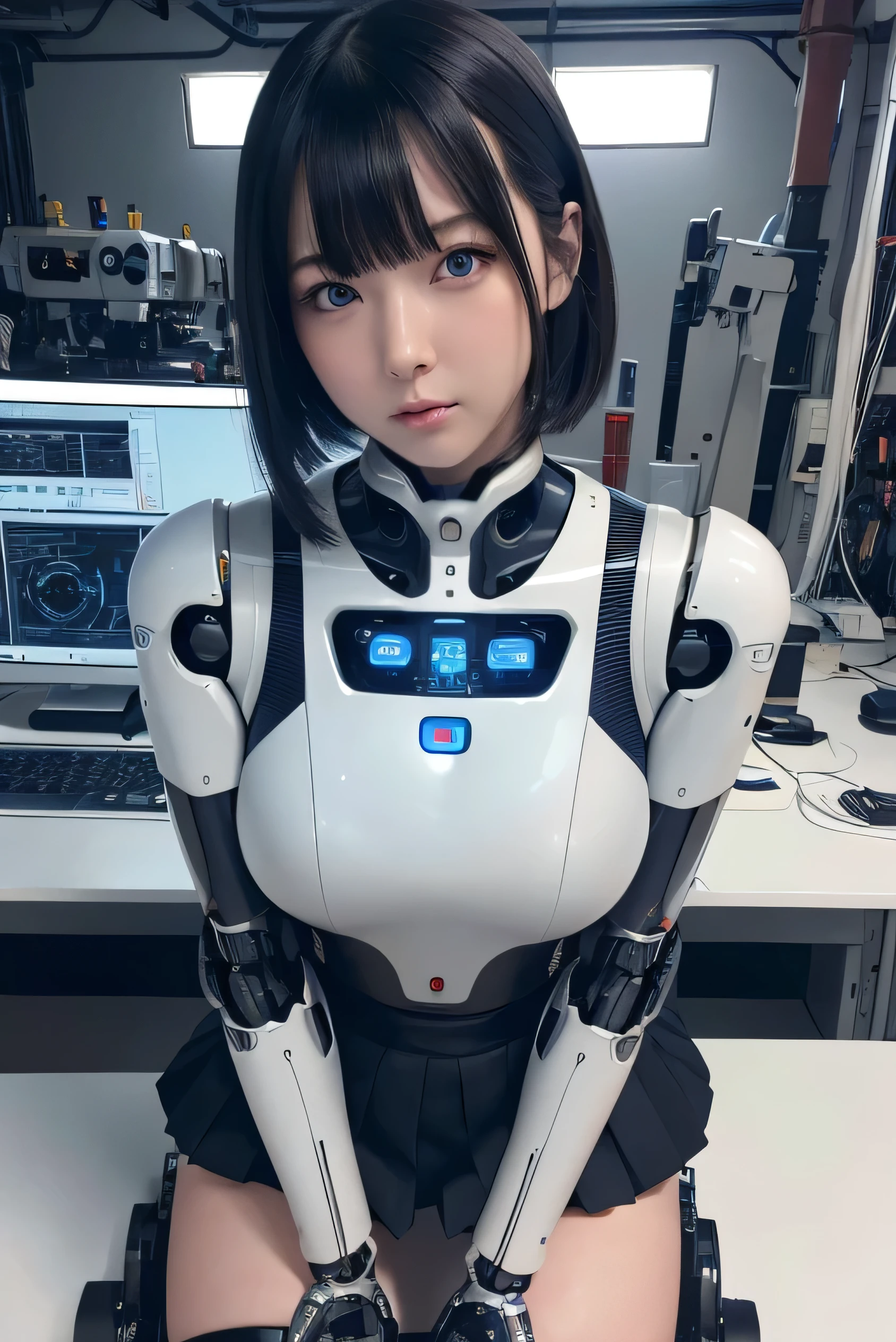 masterpiece, best quality, extremely detailed, Japaese Cyborg Girl,Plump ,navy pleated miniskirt,black tights,control panels,android,Droid,Mechanical Hand, ,clothes with a sense of mechanical technology, Robot arms and legs, Black Robot Parts,Black hair,Mechanical body,Blunt bangs,White abdomen,White robotics parts,tube dress,perfect robot woman,future laboratory,cyber pank,charging spot,android factory,robot factory,cyborg factory,long tube,thick cable connecting her neck,ceramic body ,blue eyes,smechanical body, android,robot humanoid,