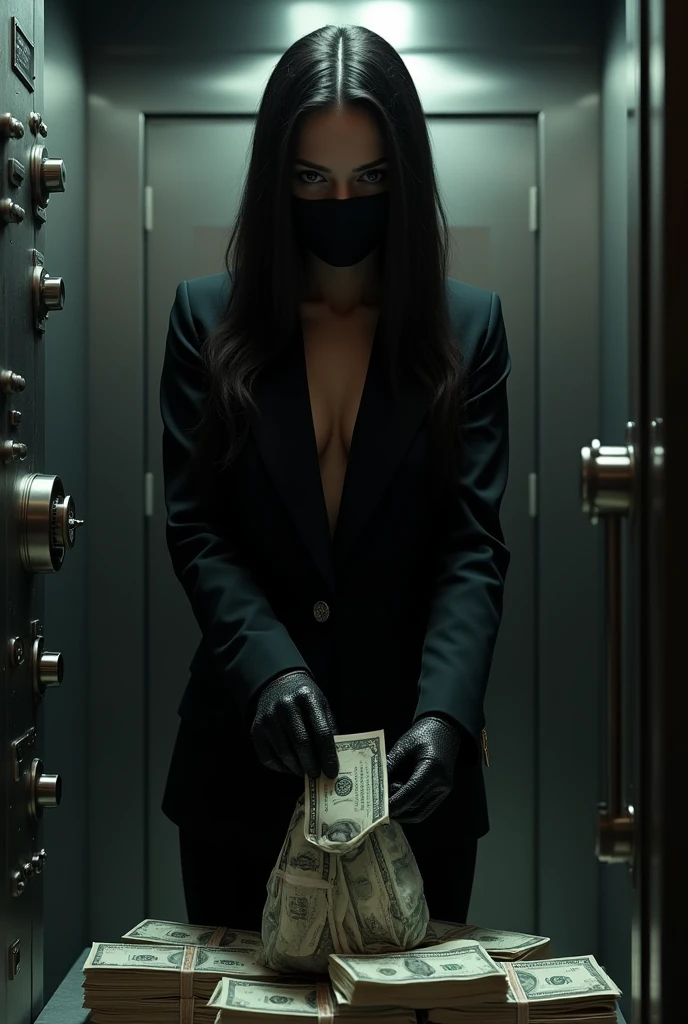 Black haired woman dressed in formal black suit without tie with face mask, Taking money from a bank vault in bags 