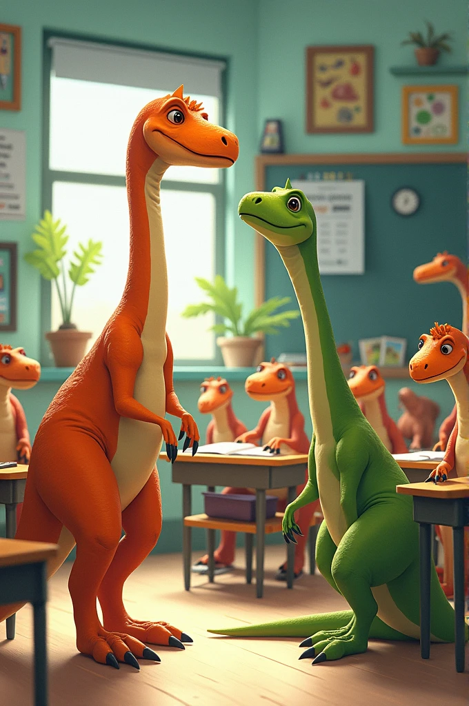 Create a drawing for a book featuring an orange Velociraptor and a green Brachiosaurus in a classroom with more dinosaurs around them.