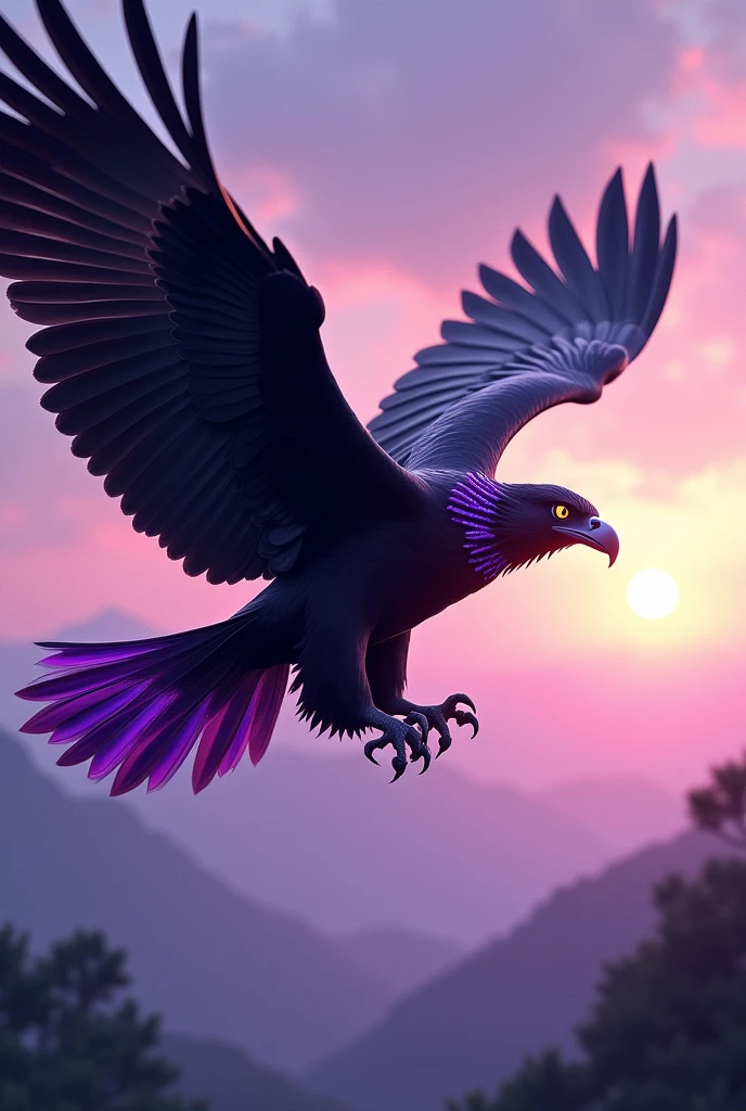 Imagine a large majestic eagle with predominantly black feathers. Purple can be used for details like the tips of feathers., the beak and claws. This contrast between black and purple can give a dramatic and impressive effect., highlighting the strength and elegance of the eagle. The eagle must be flying in a beautiful purple twilight landscape in the background.