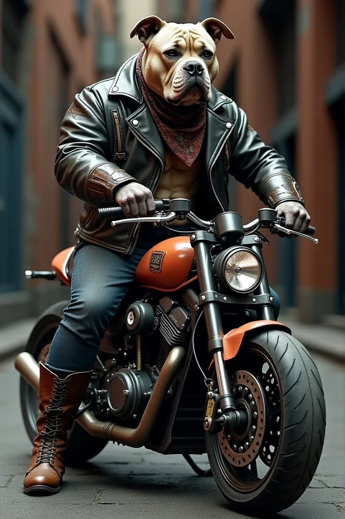 American bully pocket in biker outfit on top of sports bike