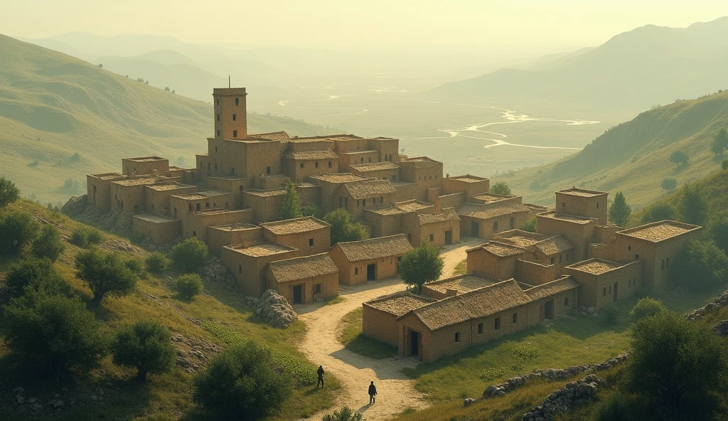 An ancient village from the time of the Israelites, showing mud houses and the surrounding nature. The sky is tinged with light mist, giving a sense of mystery.