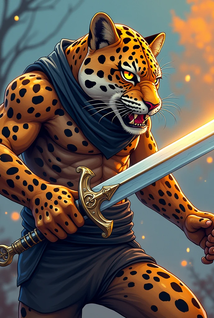 Vector illustration of a fearsome jaguar fencer, in cartoon or comic style, using digital art