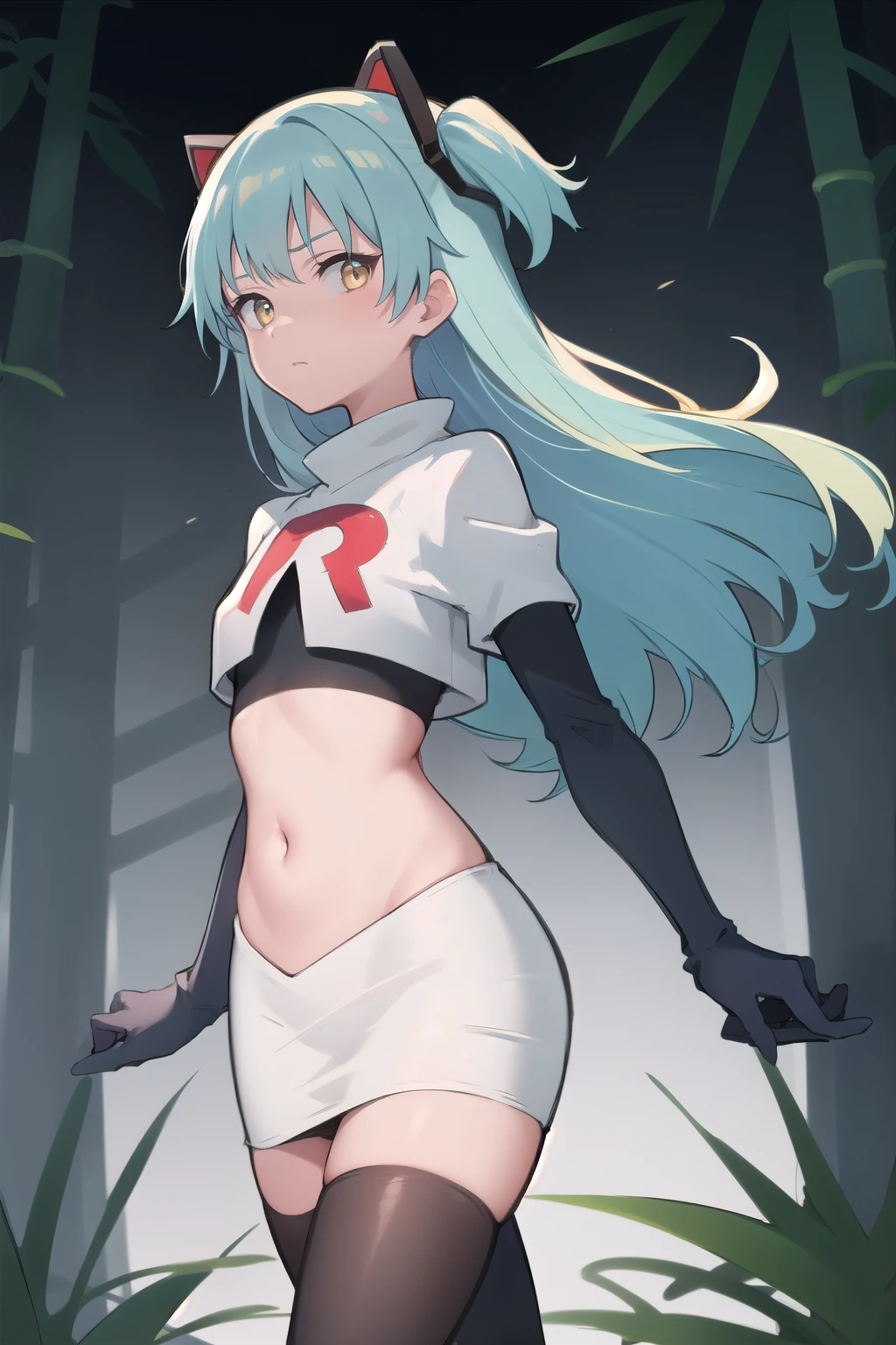 best quality, (masterpiece:1.2), illustration, absurdres,
(1girl, solo), (beautiful detailed girl),
Tio Plato, yellow eyes, aqua hair, long hair, two side up, small breasts,
fake animal ears,
team rocket,team rocket uniform,white skirt,red letter R,crop top,black thigh-highs,black elbow gloves,
looking at viewer,
in bamboo forest, stream,,
cowboy shot,