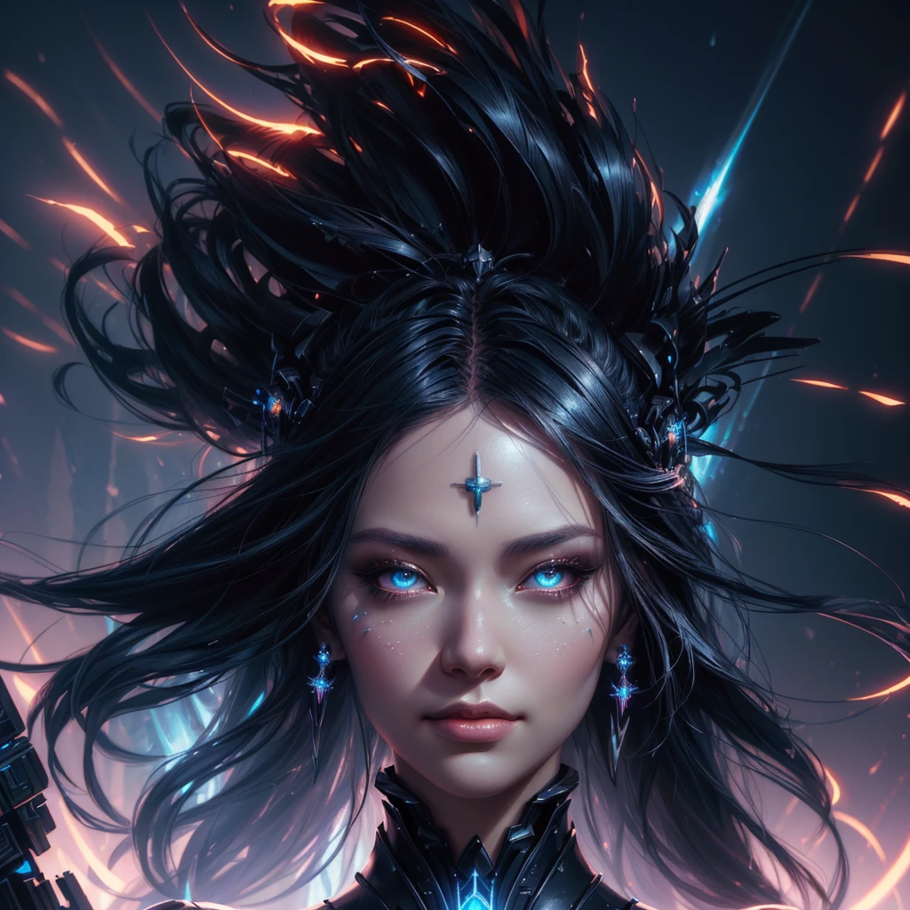 raven style sci-fi, a close up of a woman - sci-FI queen of the raven with a sci fiorer on her face, Mechanical raven IN HAIRS, fiol glowing eyes, hd , cinematic, cinematic light, dinamic,  rossdraws portrait, fantasy concept art portrait, wojtek fus, rossdraws 2. 0, rossdraws 1. 0, rossdraws digital painting, epic fantasy digital art style, cgsociety portrait, rossdraws global illumination, :: rossdraws, alexandra fomina artstation