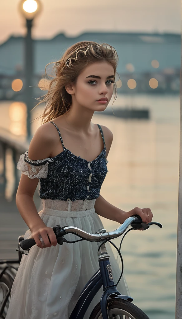 Surrealism:1.5, Bokeh, young woman aesthetic, bicycle riding, pier, High-quality DSLR snapshots, High-definition film grain photo taken at f/16, ISO 100, With 200mm lens, Global Illumination, Fibonacci
