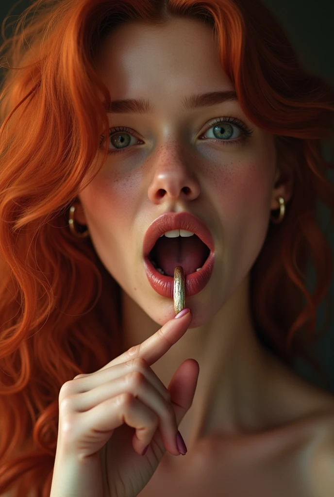 (photorealism:1.2), redhead sucking a penis, pussy open