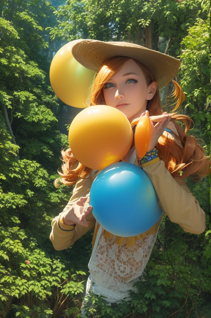 A beautiful girl with long ginger hair, detailed facial features, playing with colorful balloons in a whimsical outdoor scene, highly detailed, photorealistic, 8k, cinematic lighting, vibrant colors, intricate details, natural environment, magical atmosphere