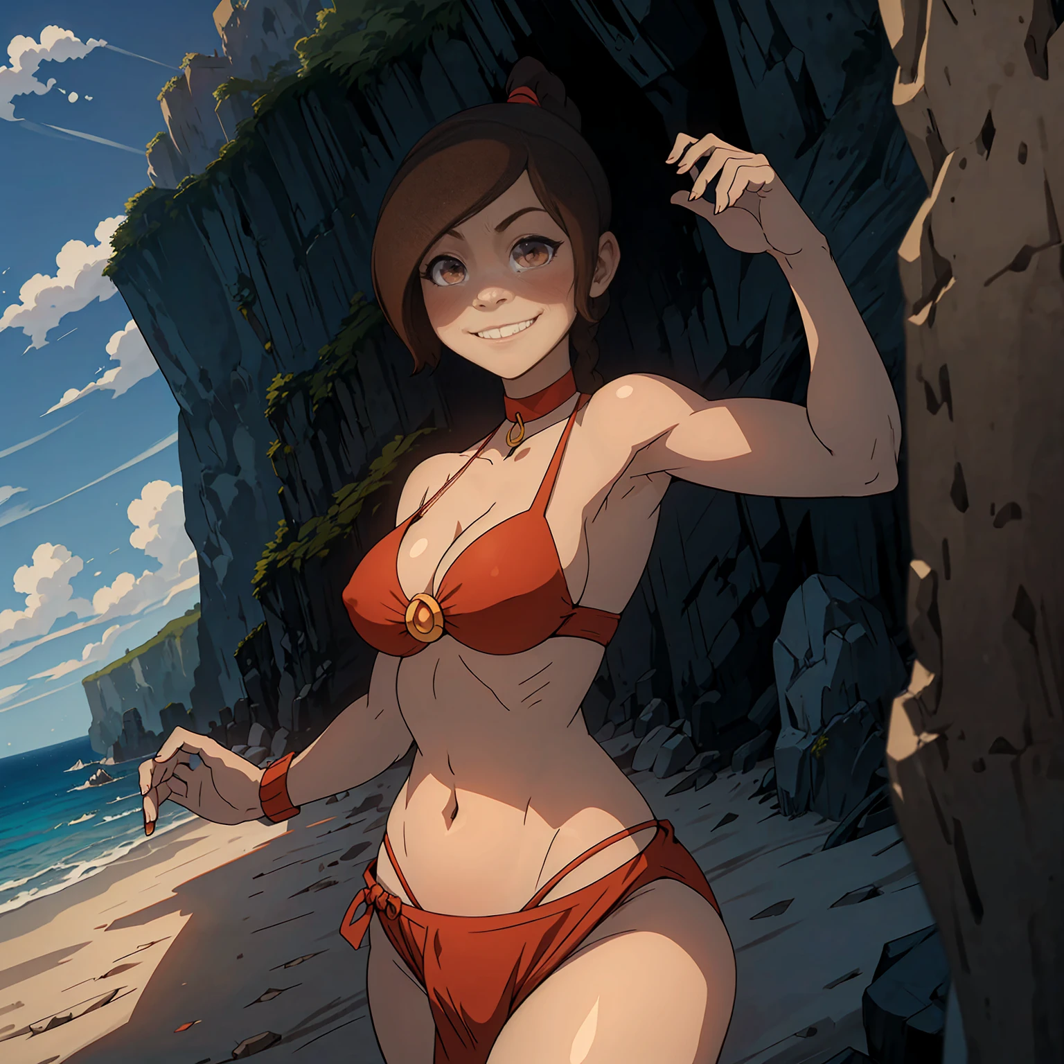 ((solo,1woman, mature, alone))), tylee, ((light brown hair, ponytail, glowing brown eyes, wide eyes, body fur, makeup, narrow waist, skinny, medium breasts)), pelvic curtain, ((red bikini)), full body, perfect body, (insanely detailed, beautiful detailed face, masterpiece, best quality), (extremely detailed 8k paper CG wall unit: 1.1), (beach settings, dusk), (smile face for the viewer), cameltoe view,