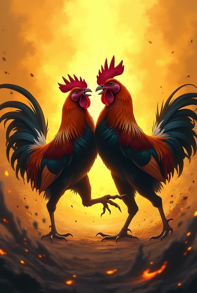 A gold background with roosters fighting in the center with black and flames