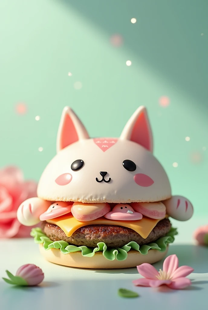 A realistic burger with kitsune fox theme! The colors of the burger are very pastel green and lilac in a harmonious way.