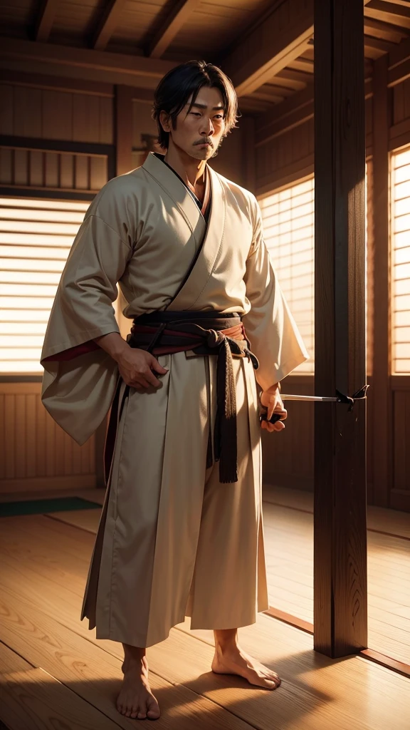 ((4k)) Hiroshi in a wooden dojo, practicing sword moves. His master, an older samurai, watches intently.