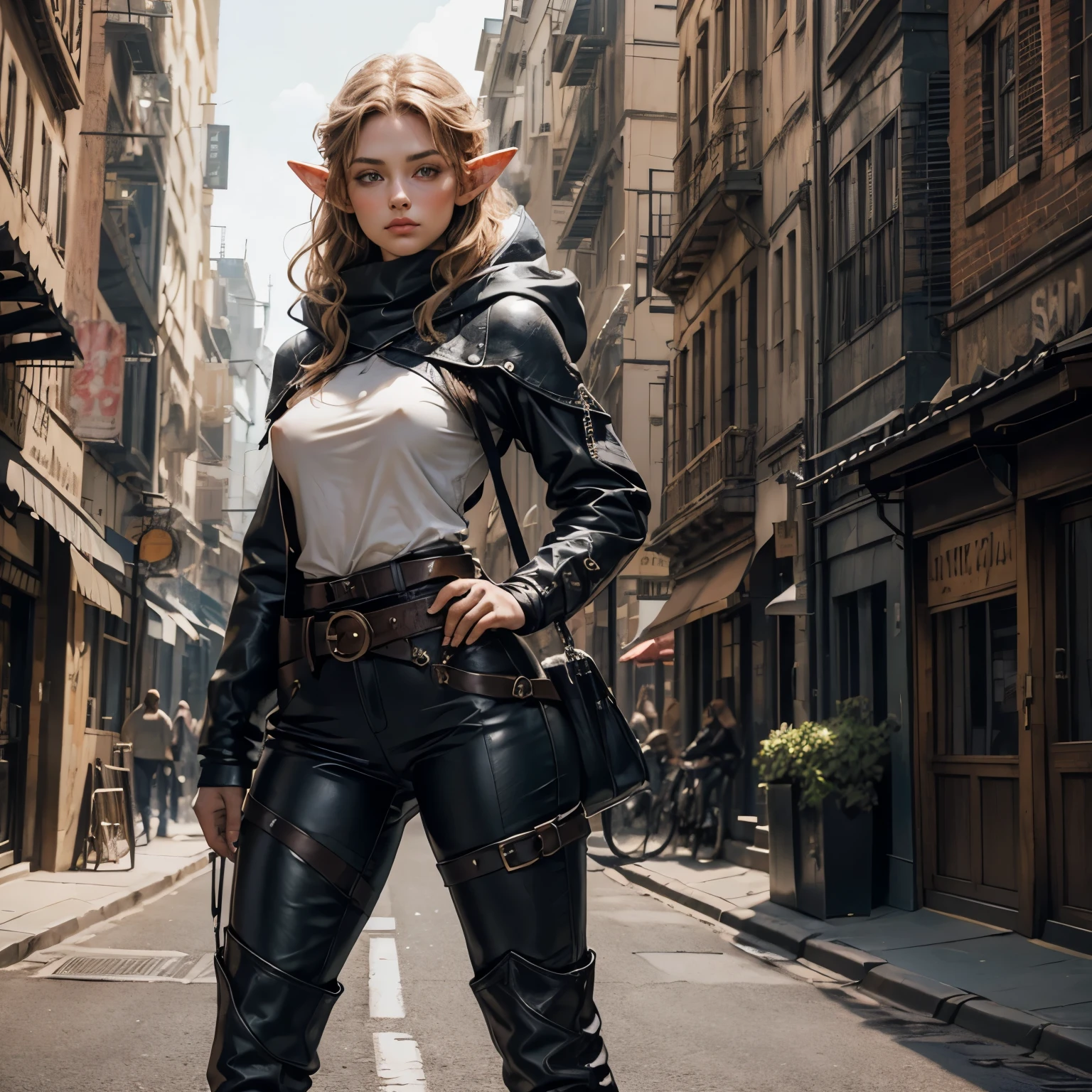((Medieval fantasy setting)). Tags: super detail, high details, high quality, best quality, highres, 4K, detailed face, face fix, detailed hands, detailed fingers, portret, 1girl "Echo is a 22-year-old half-elf. She has light brown skin. Thick light chestnut hair with caramel highlights and soft waves. Brown eyes with green hues. Her beautiful face is oval with soft features and pronounced cheekbones. She has full and attractive lips with a natural blush. A slight scar over her right eyebrow. Her ears are small like a human's but pointed like an elf's. Her physique is athletic and slim, she toned and flexible. She has a round and elastic body shapes."
Clothing. Jacket: Dark gray leather thigh-length jacket with a hood that hides the face. The jacket fits the body, but allows you to move freely. It has several internal and external pockets for storing weapons such as throwing knives or poisons. There are additional reinforcements on the shoulders and elbows that provide minimal protection.
Pants: Dark brown leather pants that fit the legs and provide freedom of movement. The pants have small hidden compartments for storing weapons or other items. They look like ordinary urban clothes without attracting too much attention.
Belt: Wide belt with hidden compartments for knives or other small items. The belt has several buckles that help to attach additional items such as handbags or amulets.
Boots: Lightweight leather boots in dark grey, with soft soles for silent movement on city streets.
Background: Autumn medieval city. deserted streets of the royal court.
Tags: ((Hard Nipples Through Shirt)), ((Cameltoe)), (Nipple Outline), (covered nipples), (covered pussy), ((Ass Outline)), (Butt Crack)