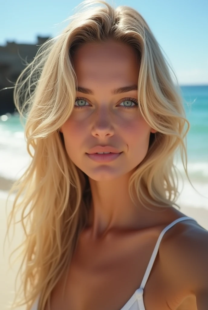 uma selfie de uma top model, 25 anos, norueguesa, (((cabelo loiro))), olhos azuis intensos e claros, na praia, de corpo todo, (((ultrarealistic))), high resolution, best quality, intricate details, highly detailed, (very sharp focus), detailed skin, realistic skin texture, texture, detailed eyes, professional, 4k,