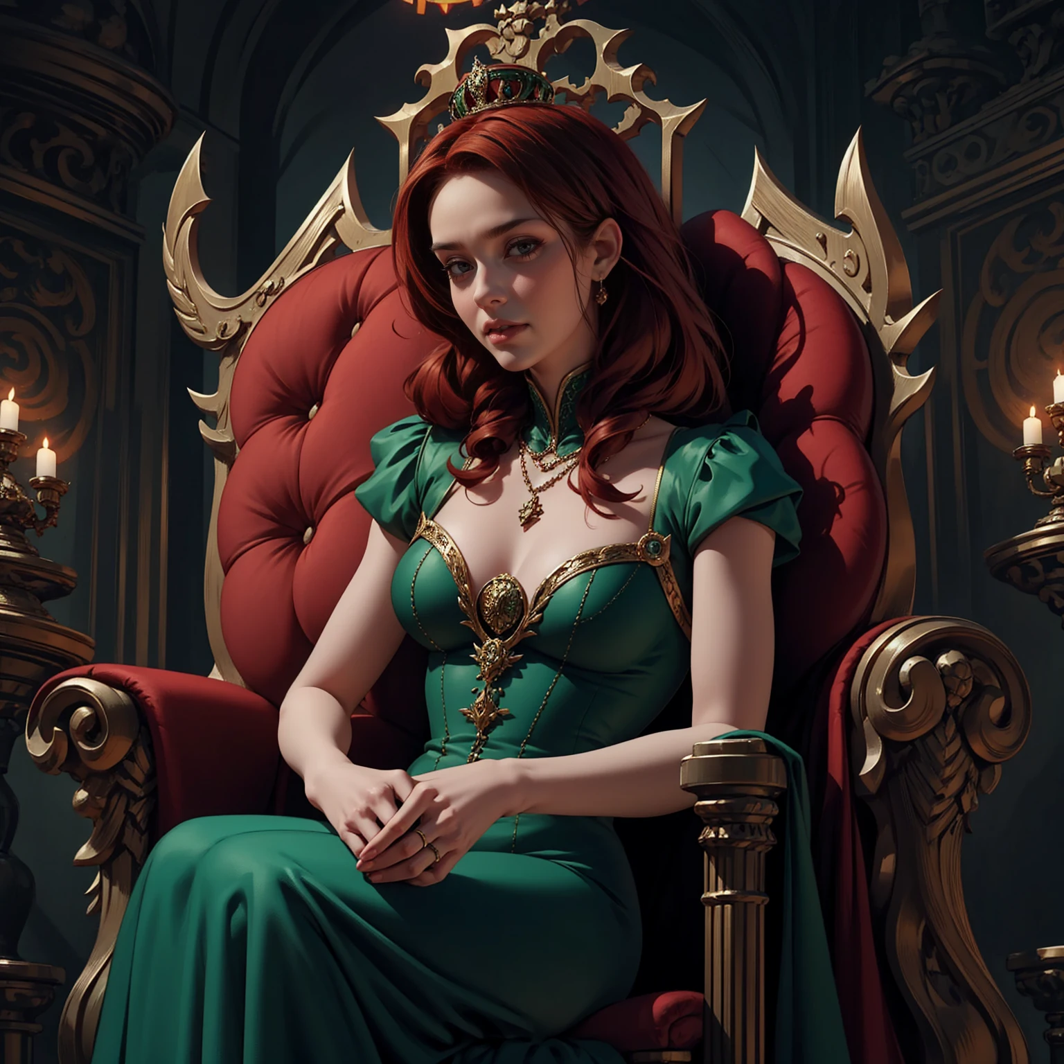 {-erro_de_anatomia:1.0} woman 40 years old, victorian era, queen clothes, (green dress), dark castle, a woman (alicent hightower), meddium dark red hair (dark red hair), (brown eyes) . Indifferent look , merciless. among the dragons, dinamic poses, egoist smile, upper body, sitting in the iron throne