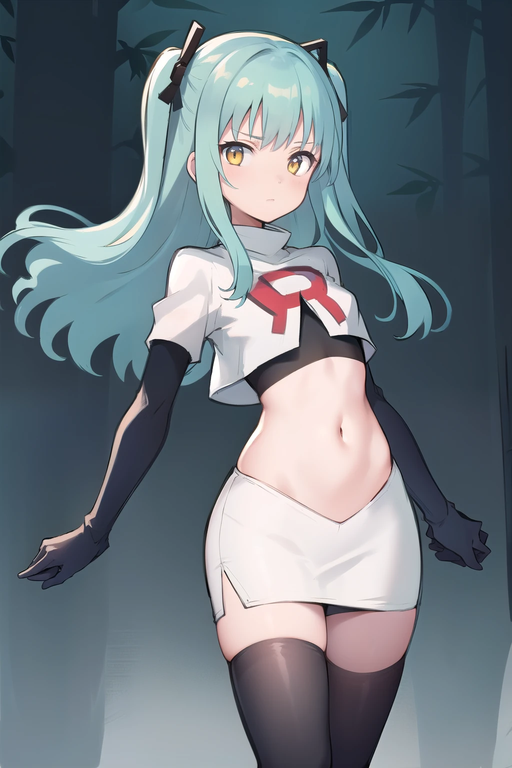 best quality, (masterpiece:1.2), illustration, absurdres,
(1girl, solo), (beautiful detailed girl),
Tio Plato, yellow eyes, aqua hair, long hair, two side up, small breasts,
fake animal ears,
team rocket,team rocket uniform,white skirt,red letter R,crop top,black thigh-highs,black elbow gloves,
looking at viewer,
in bamboo forest, stream,,
cowboy shot,