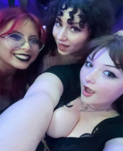 three women with red hair and black makeup taking a selfie, profile pic, audience selfie, profile image, profile picture, low quality photo, server in the middle, roomies, cute girls, non blurry, amouranth, very very low quality picture, profile picture 1024px, beautiful girls, photo taken in 2 0 2 0, very silly looking, wearing bra,  she has a jiggly fat round belly, thicc, her belly button is exposed, Big tits, huge tits, no clothes, sexy, cute, wide hips, thick thighs, pear-shaped body, minimal clothes, thick, bbw, chubby stomach, thick nipples, nipple piercings, large areola, hard nipples, piercing through shirt, nipples hard through shirt, busty, major cleavage, naked, ripping through top, spilling over sides, bra too tight, giant , extra wide hips, fat stomach, fat bbw, chubby, jiggly and round belly, fat bbw, upper body zoom, fat stomach, upper body zoom, naked  and wide belly, underwear, no pants, from above and diagonally