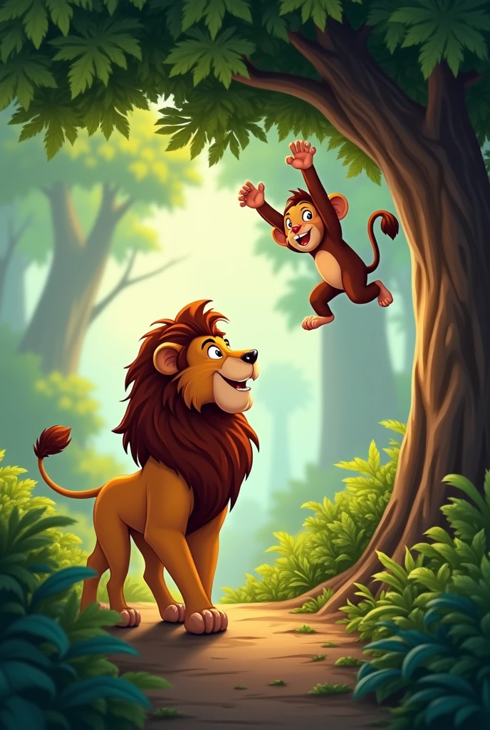 Animated image of a lion walking through the jungle with a wider background, Then the lion and the monkey start playing under the tree.
