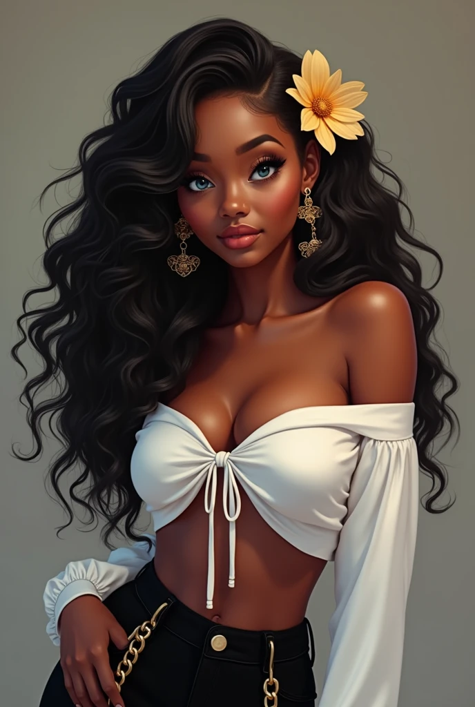 ((Artwork, 8K, realistic lighting)), 1 sexy woman, black skin, long curly black hair with blonde highlights, flower in her hair, with a smile on her lips, closed, blue iris, big nose, medium lips, wearing gold earrings, a white off-the-shoulder long-sleeved shirt, wearing wide black pants with chains, wearing black shoes.