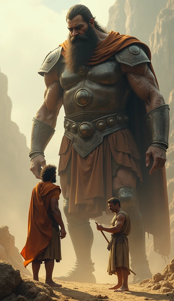 An epic scene of confrontation, with Goliath standing tall and imposing, mocking David. Goliath has a look of disdain and a sarcastic smile, while David, small and appearing fragile, stands before him. Goliath is pointing at David with an arrogant gesture, his armor gleaming in the sunlight, while David, dressed in simple shepherd's clothing, holds a staff and looks at Goliath with determination. The contrast between the two is dramatic, highlighting the size difference and Goliath's contempt for David's seemingly harmless appearance