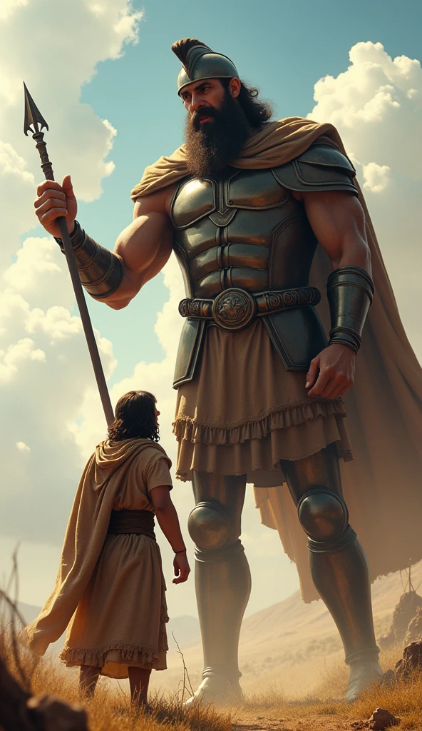 An epic scene of confrontation, with Goliath standing tall and imposing, mocking David. Goliath has a look of disdain and a sarcastic smile, while David, small and appearing fragile, stands before him. Goliath is pointing at David with an arrogant gesture, his armor gleaming in the sunlight, while David, dressed in simple shepherd's clothing, holds a staff and looks at Goliath with determination. The contrast between the two is dramatic, highlighting the size difference and Goliath's contempt for David's seemingly harmless appearance