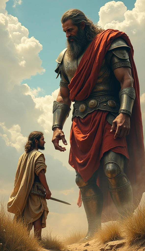An epic scene of confrontation, with Goliath standing tall and imposing, mocking David. Goliath has a look of disdain and a sarcastic smile, while David, small and appearing fragile, stands before him. Goliath is pointing at David with an arrogant gesture, his armor gleaming in the sunlight, while David, dressed in simple shepherd's clothing, holds a staff and looks at Goliath with determination. The contrast between the two is dramatic, highlighting the size difference and Goliath's contempt for David's seemingly harmless appearance