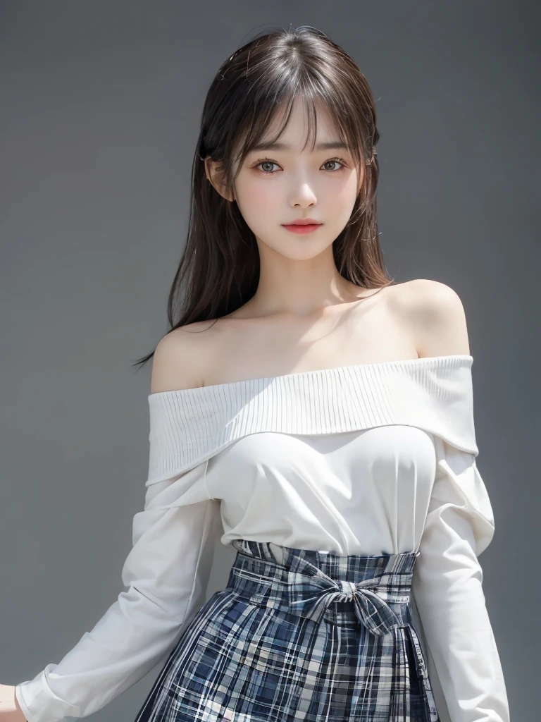 (8k, RAW Photos, Highest quality, masterpiece: 1.2), Very detailed, Super Resolution, (Genuine, Genuine photos: 1.37), (Colorful Wallpaper), High-quality RAW color photos, Professional photos, Very detailedで美new, Very detailed, Amazing details,Official Art, Very detailed CG Unity 8k wallpaper, Very detailed beautiful girls, Very detailed facesHighly detailed eyes, Very fine skin, Very detailed fingers, Very small nose, Very detailed detailed mouth, Perfect Anatomy, Detailed Background, High Quality Clothing,20th Generation, cute girl, Genuineistic body, White skin, Glowing Skin, (Blunt bangs: 1.2), smile, cute, like々new, cute face, Genuineistic face, Delicate eyes, Saggy eyes, (smile、Cute Background、View from the front、Off the shoulder、Checked Skirt、ribbon)