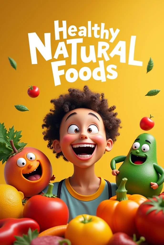 An advertisement with a creative phrase that encourages the consumption of healthy foods , The ad features a person and animated fruits or vegetables.