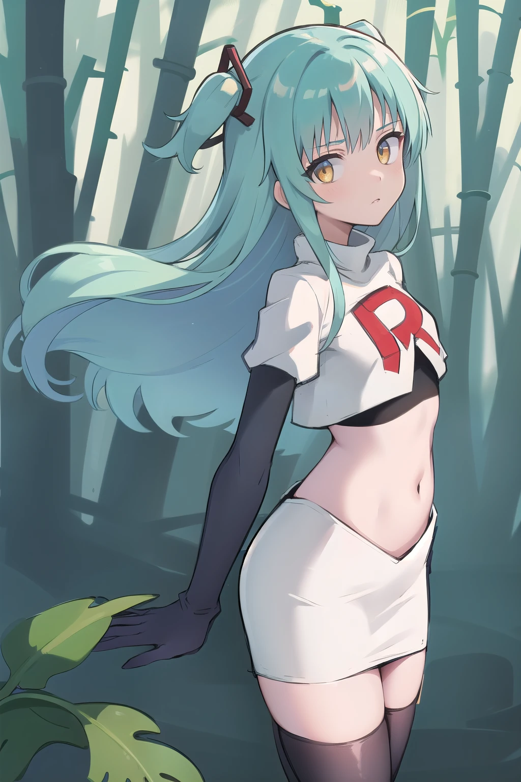 best quality, (masterpiece:1.2), illustration, absurdres,
(1girl, solo), (beautiful detailed girl),
Tio Plato, yellow eyes, aqua hair, long hair, two side up, small breasts,
fake animal ears,
team rocket,team rocket uniform,white skirt,red letter R,crop top,black thigh-highs,black elbow gloves,
looking at viewer,
in bamboo forest, stream,,
cowboy shot,