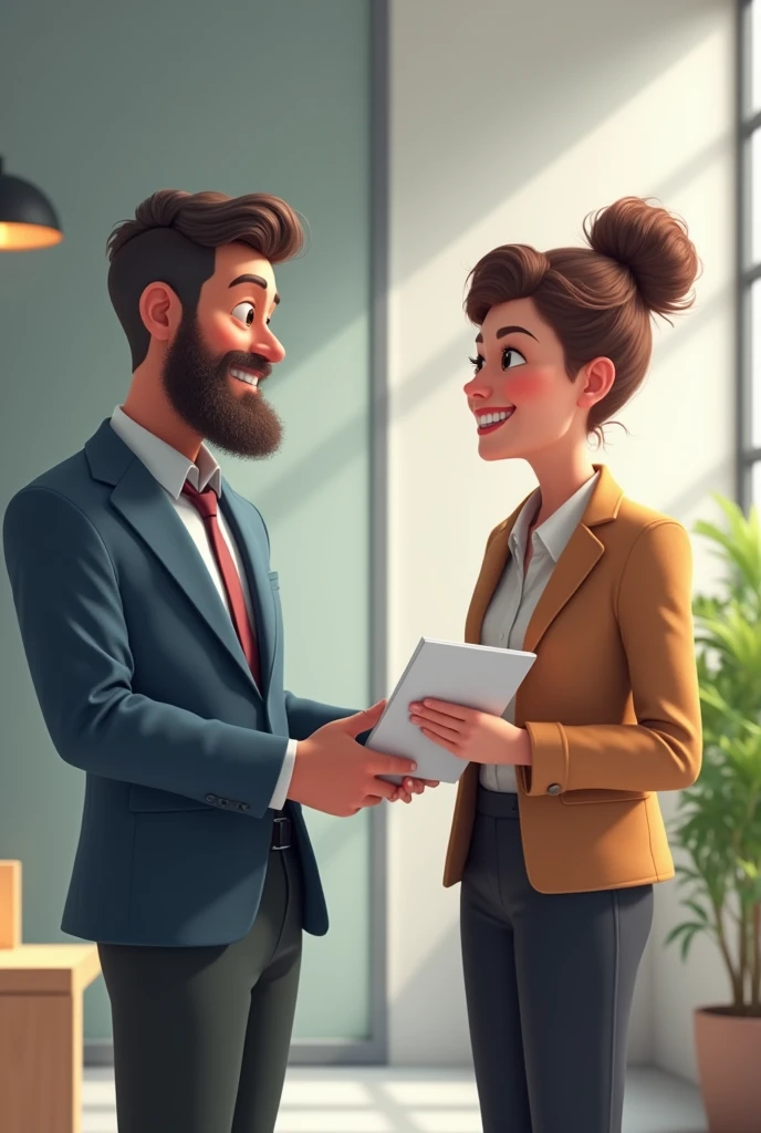 Image: Sam is handing a completed report to Jordan with a big smile. Jordan is smiling back, looking satisfied. Text: Sam says, "Thanks for your help! The report is ready now." Jordan replies, "You did a great job. Glad I could help!"